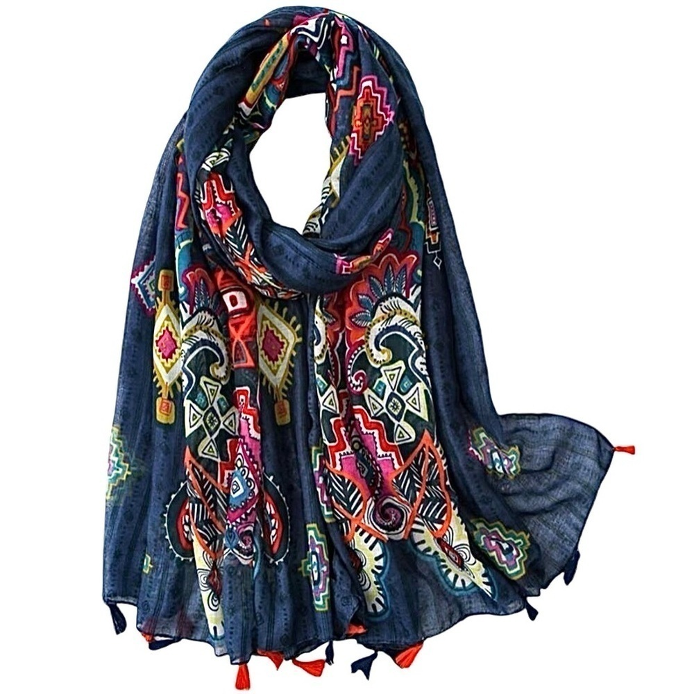 Paisley Print Scarf Aztec Accents Fringe Navy Multicolored Long 32” x 70” New!